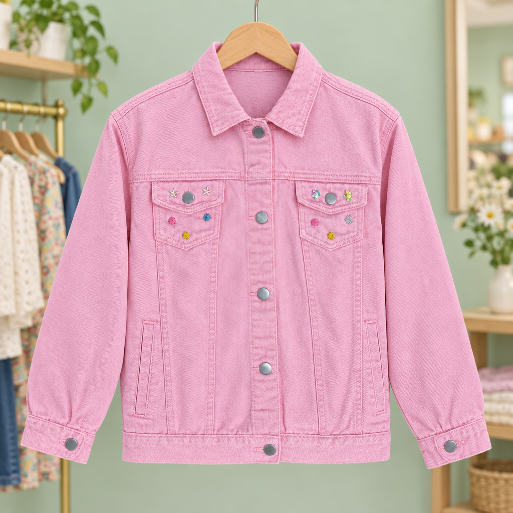 Chaqueta rosa Alma Boho en tienda con fondo verde claro