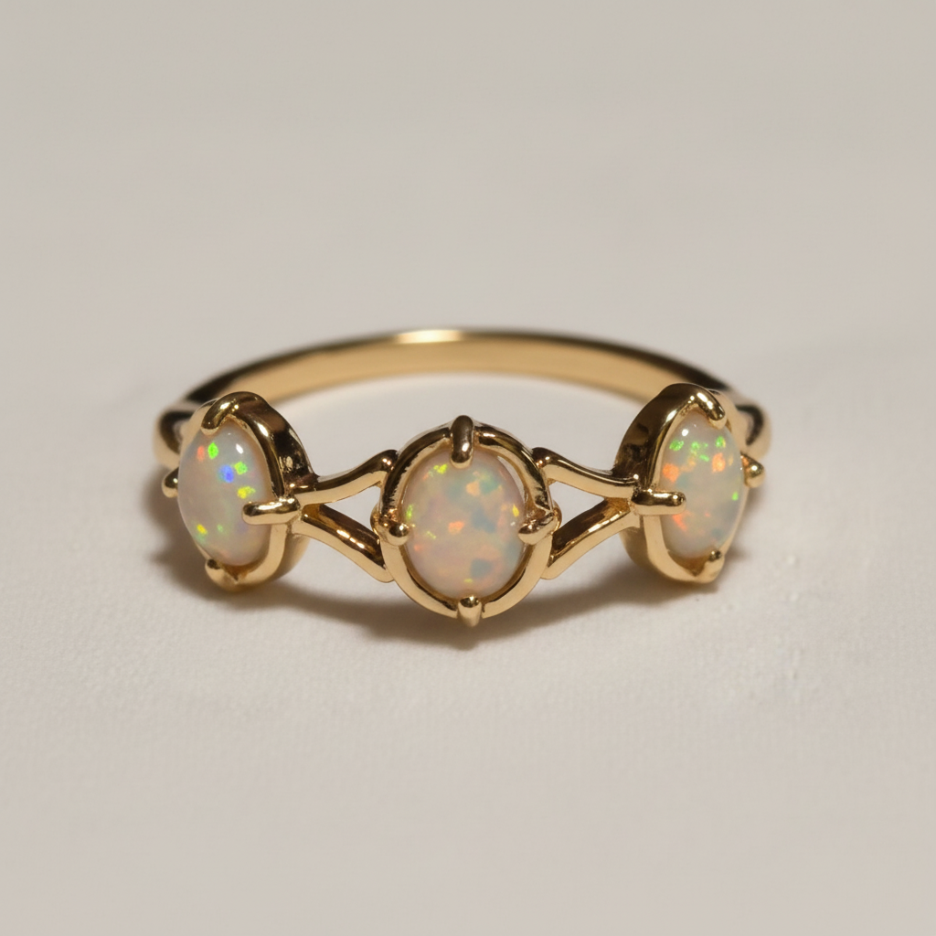 Anillo Trilogía Vintage en oro amarillo 18K con tres ópalos, visto de frente