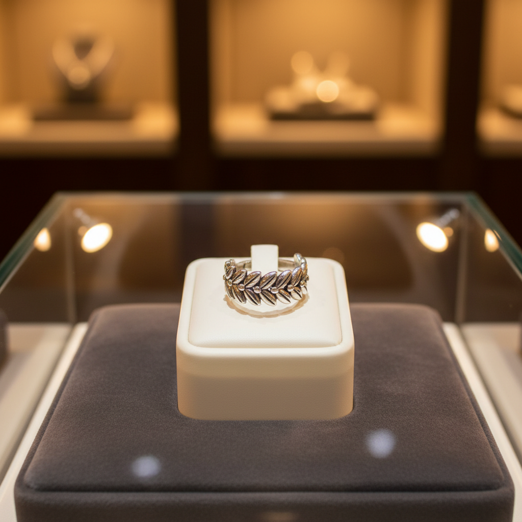 Anillo ajustable de acero con diseño de corona de laureles y espigas expuesto en una vitrina de joyería