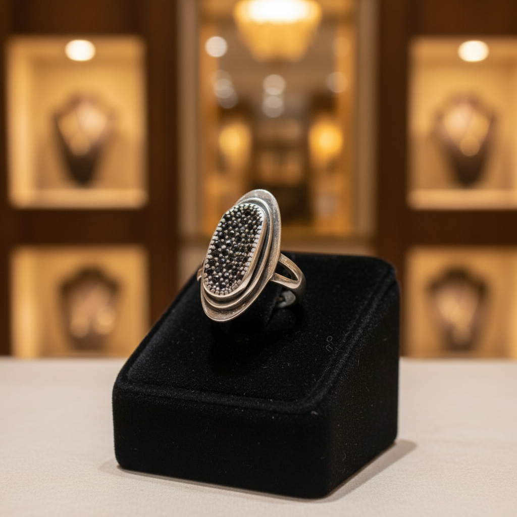 Anillo ajustable de Plata 925 con panel de espinelas negras expuesto en una vitrina de joyería