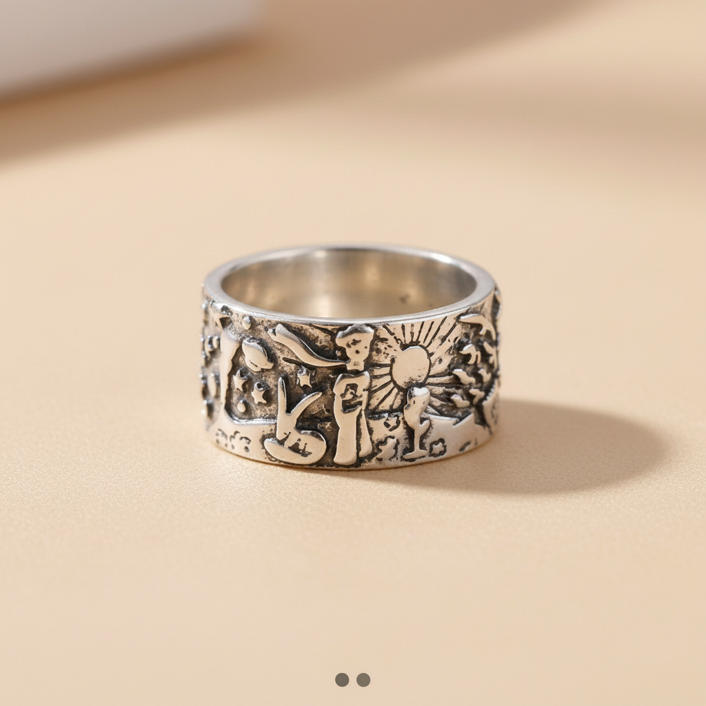 Anillo Asteroide Principito de acero, visto de frente sobre fondo beige cálido