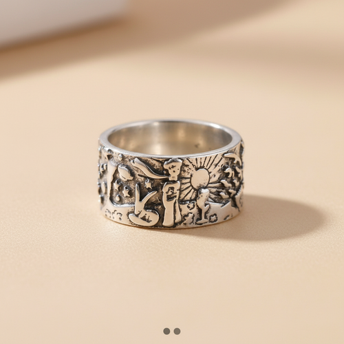 Anillo Asteroide Principito de acero, visto de frente sobre fondo beige cálido