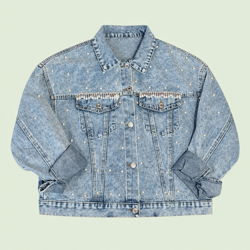 Chaqueta Nácar Rebelde, frontal con perlas y fondo verde claro