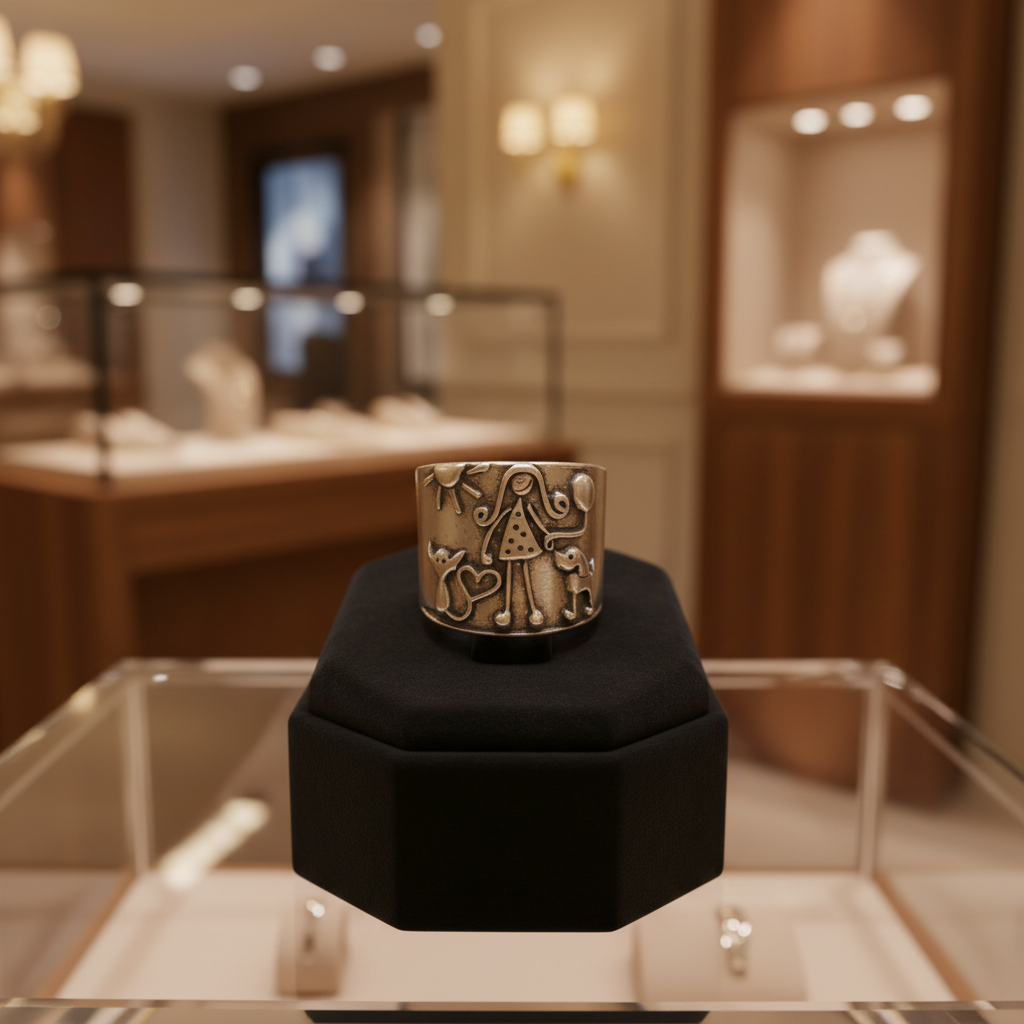 Anillo vintage de acero con baño de rodio y figura de niña con vestido de lunares expuesto en una vitrina