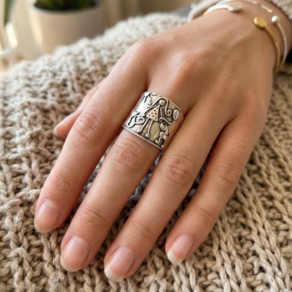 Anillo vintage con figura de niña y vestido de lunares en la mano de una modelo