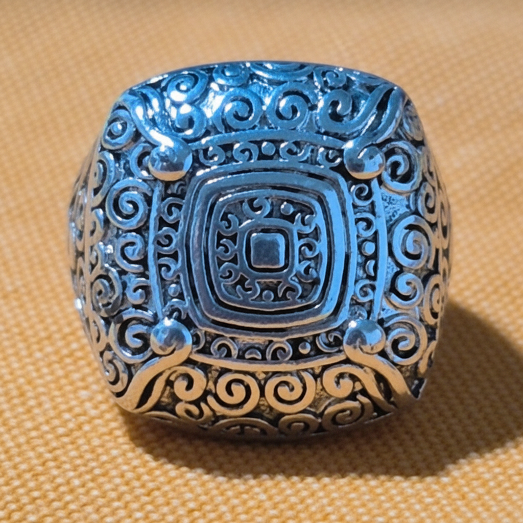 Anillo Sello Volutas de acero con baño de rodio, visto de frente sobre fondo beige