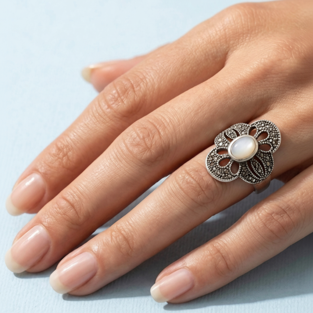 Anillo Marquesita de acero talla 21 en la mano de una modelo