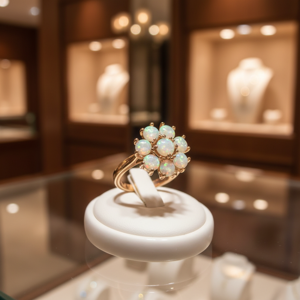 Anillo Flor Gold Filled con ópalo sintético blanco expuesto en una vitrina de joyería