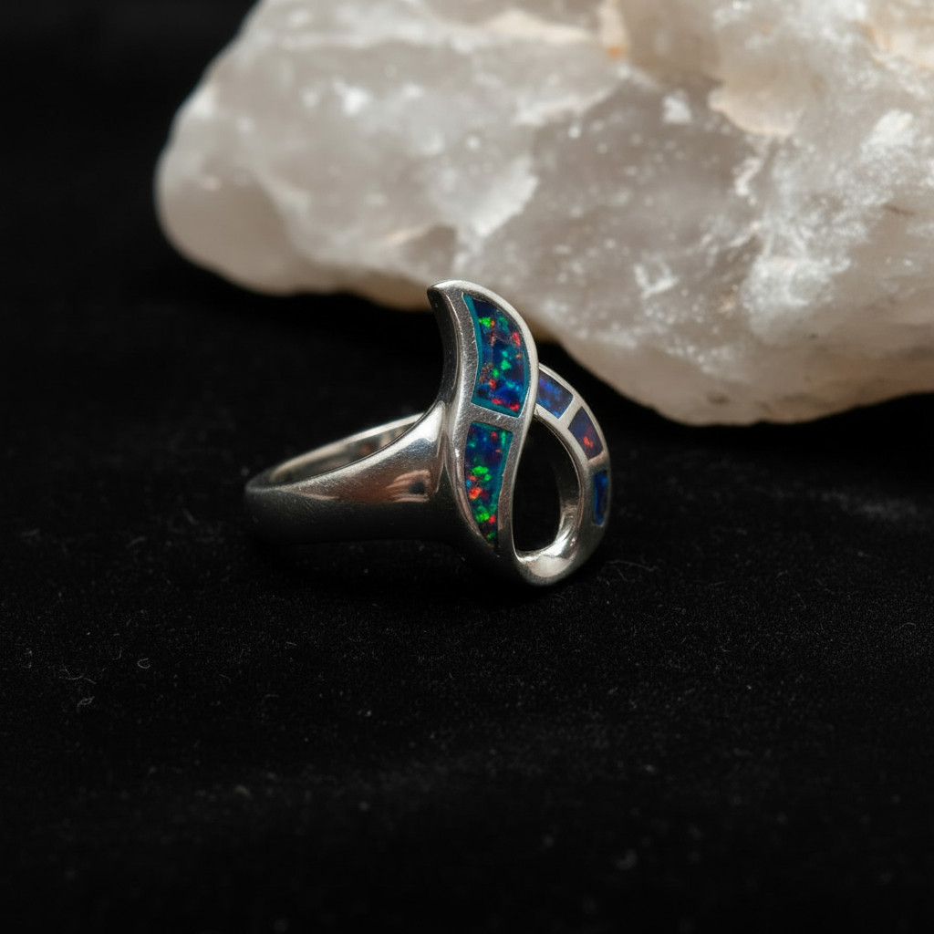 Detalle editorial cuadrado de Anillo Llama de Fuego de plata 925 y ópalo negro