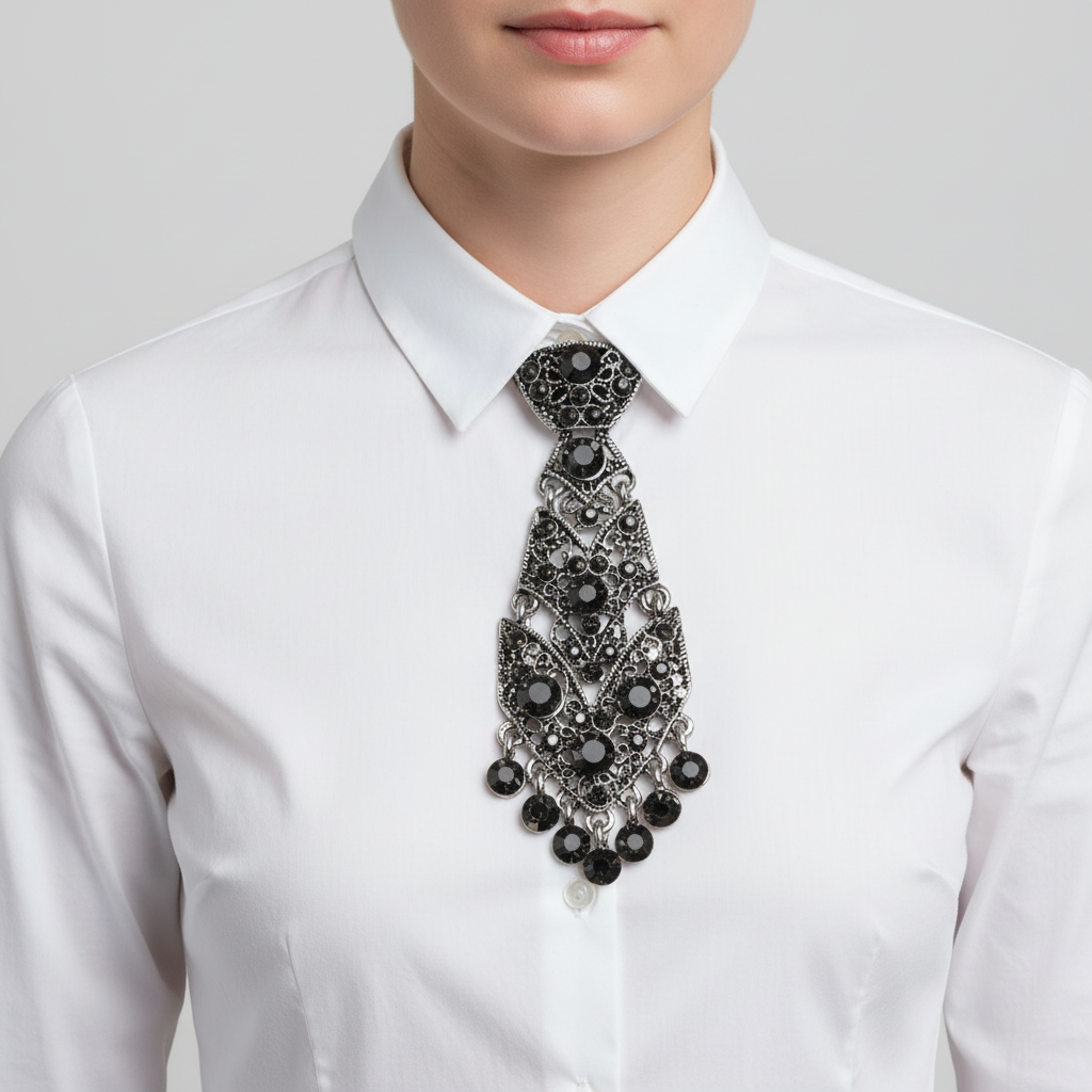Corbata Joya Strass negra con strass llevada por una modelo sobre camisa blanca