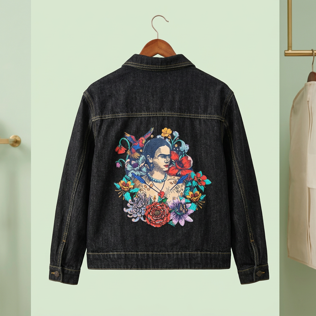 Chaqueta vaquera negra Frida en Flor expuesta en una boutique de fondo verde claro