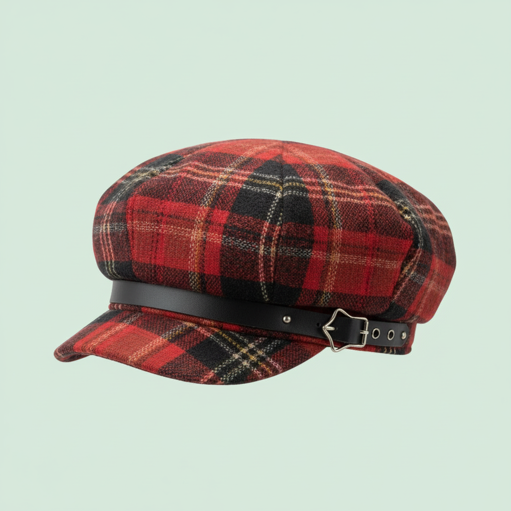 Gorra Tartán Roja detalle sobre fondo verde clarito