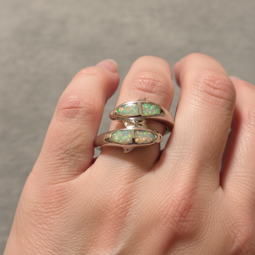 Anillo Delfín de plata 925 con aro cerrado y dos cabezas de delfín unidas en la mano de una modelo