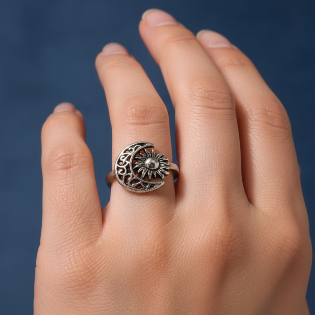 Anillo Sol y Luna de acero con sus símbolos visibles en la mano de una modelo