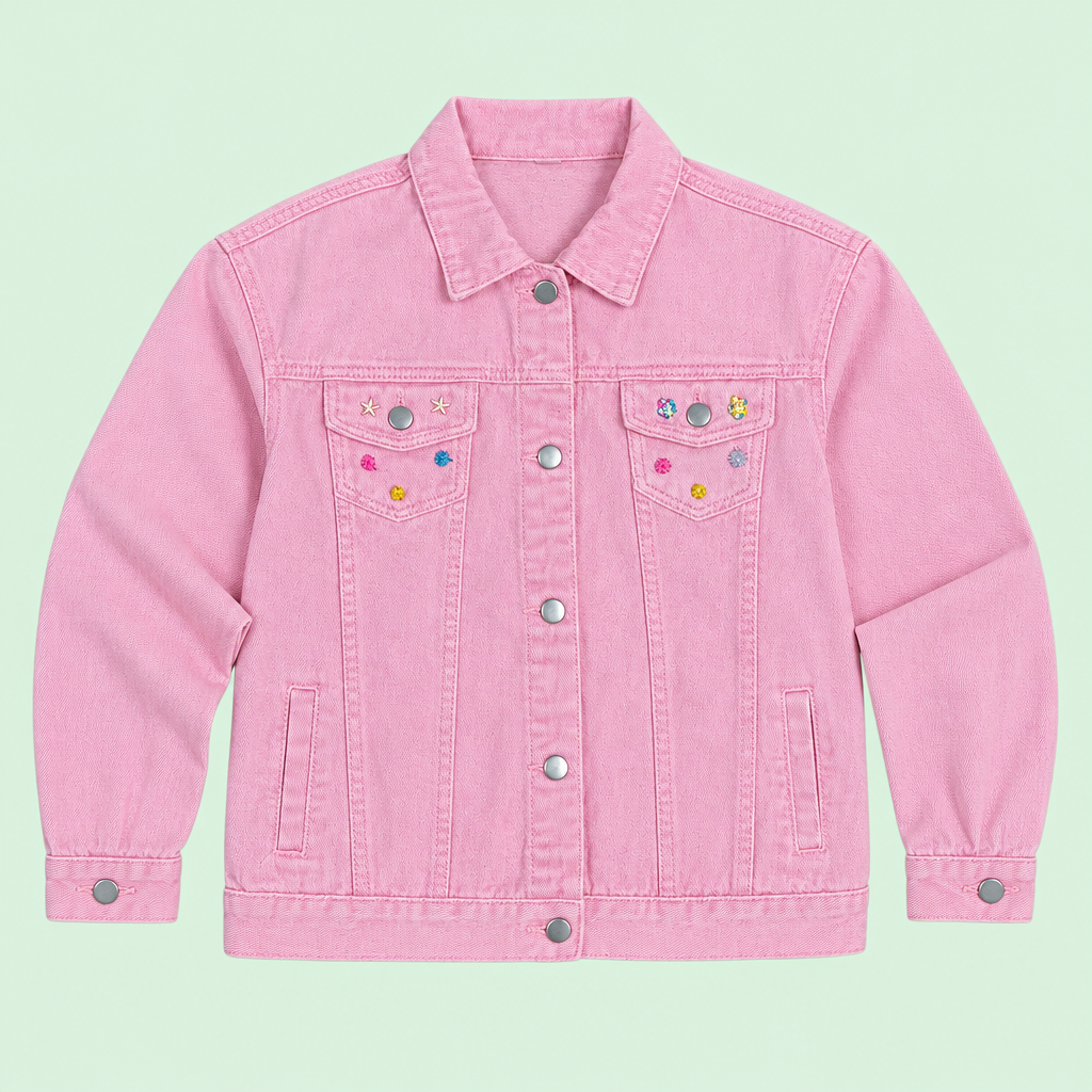 Chaqueta rosa Alma Boho vista frontal sobre fondo verde claro