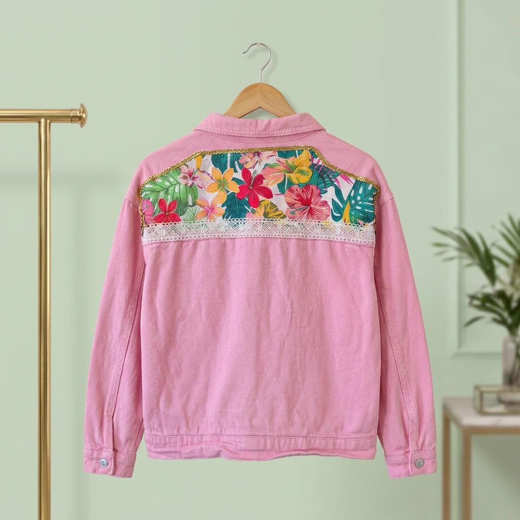 Chaqueta rosa con franja floral tropical expuesta en tienda