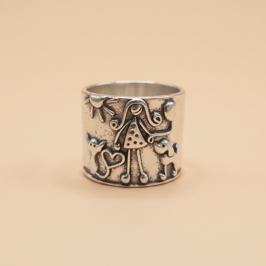 Anillo vintage de acero con baño de rodio y figura de niña con vestido de lunares visto de frente sobre fondo beige