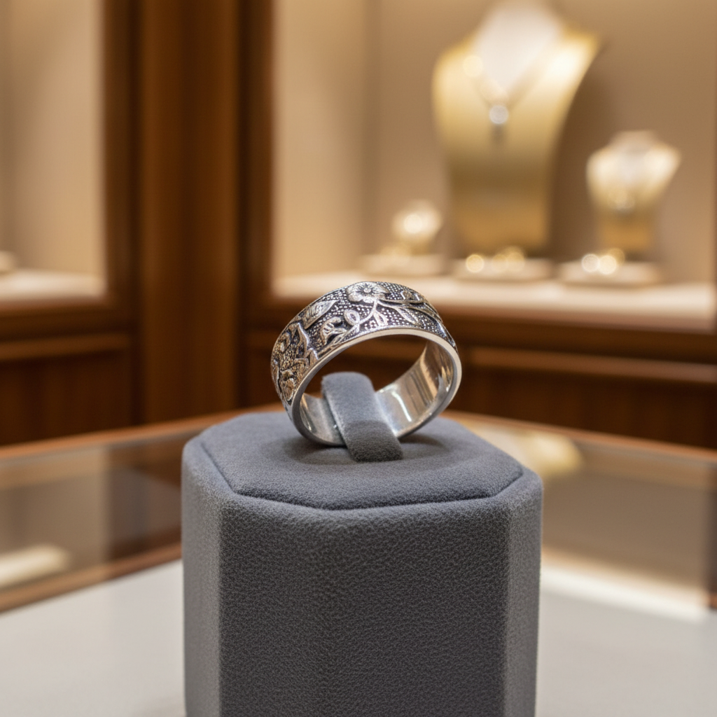 Anillo Eternity de acero con baño de rodio expuesto en una vitrina de joyería