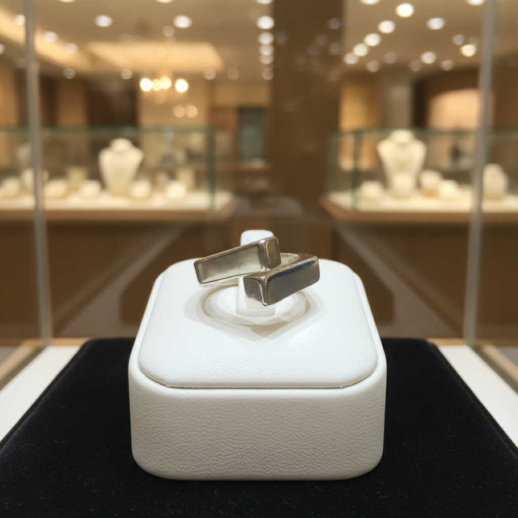 Anillo Bypass de Plata 925 talla 10,5 expuesto en una vitrina de joyería