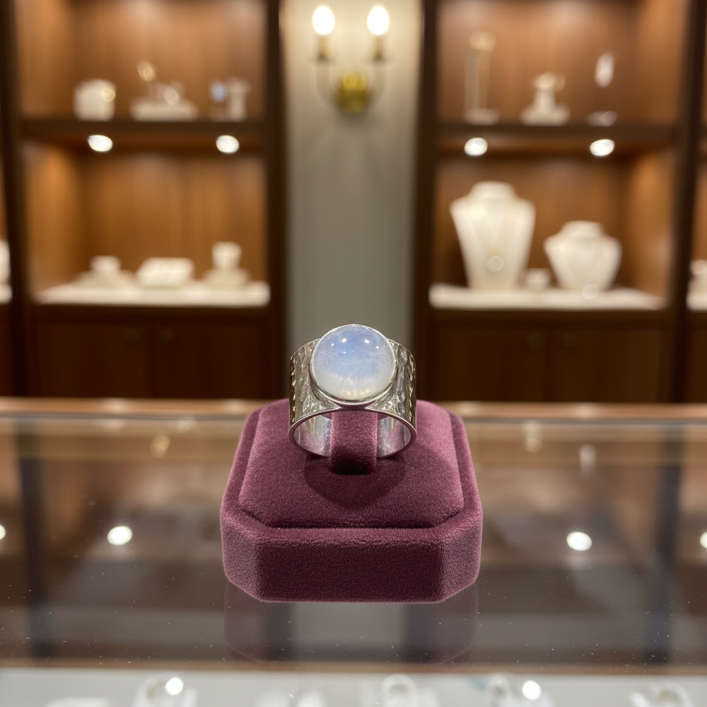 Anillo ajustable tipo sello de Plata 925 con piedra lunar expuesto en una vitrina de joyería