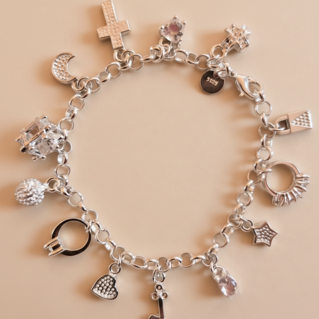 Pulsera romántica de Plata 925 extendida sobre fondo beige cálido