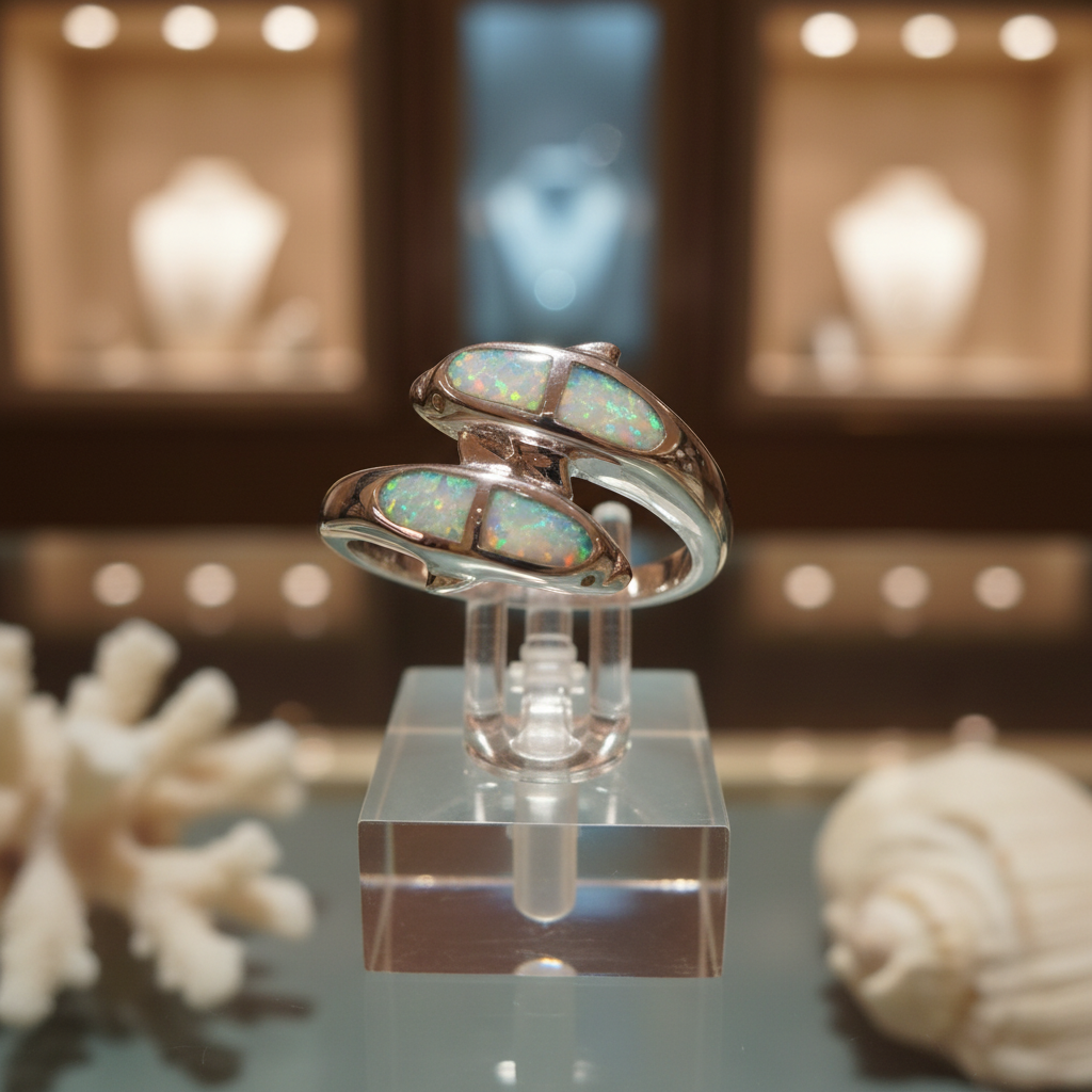 Anillo Delfín de plata 925 expuesto en una vitrina de joyería marina