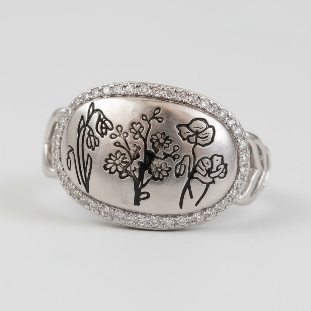 Detalle de las flores silvestres y la Plata 925 del anillo ajustable