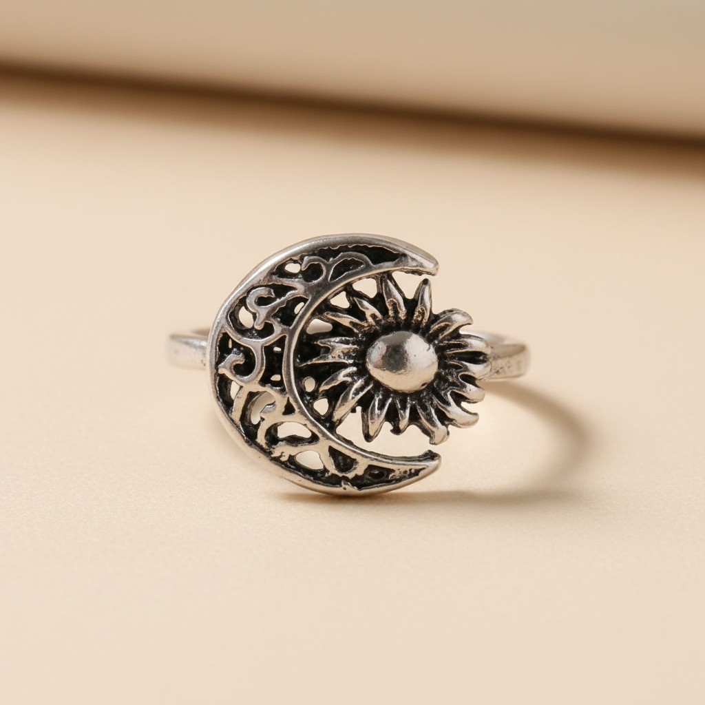 Anillo Sol y Luna de acero con sus símbolos celestiales, visto de frente sobre fondo beige