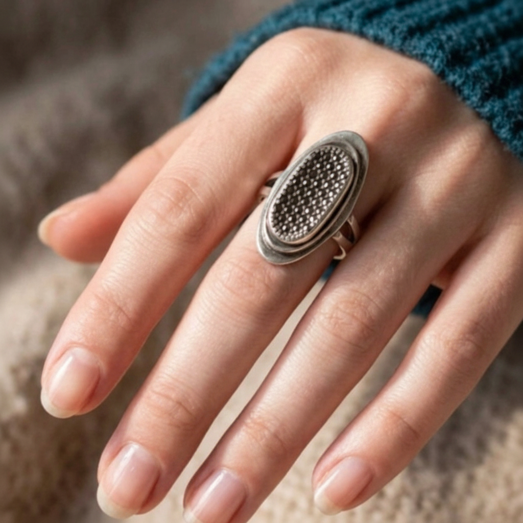 Anillo ajustable de Plata 925 con espinelas negras en la mano de una modelo
