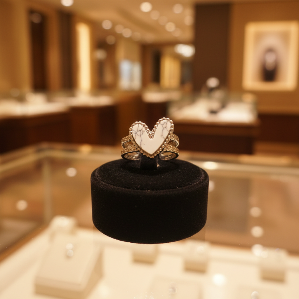 Anillo Turquesa Blanca ajustable de acero expuesto en una vitrina de joyería