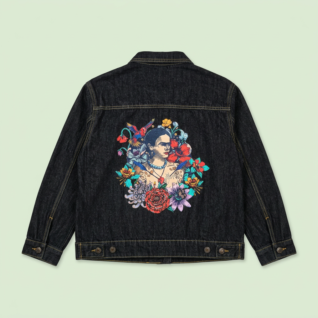 Chaqueta vaquera negra Frida en Flor, vista trasera sobre fondo verde claro