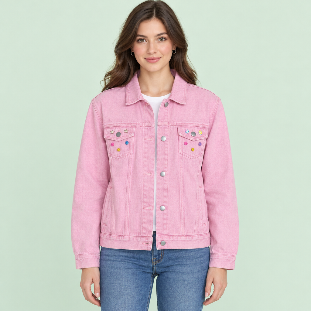 Modelo con chaqueta rosa Alma Boho sobre fondo verde claro
