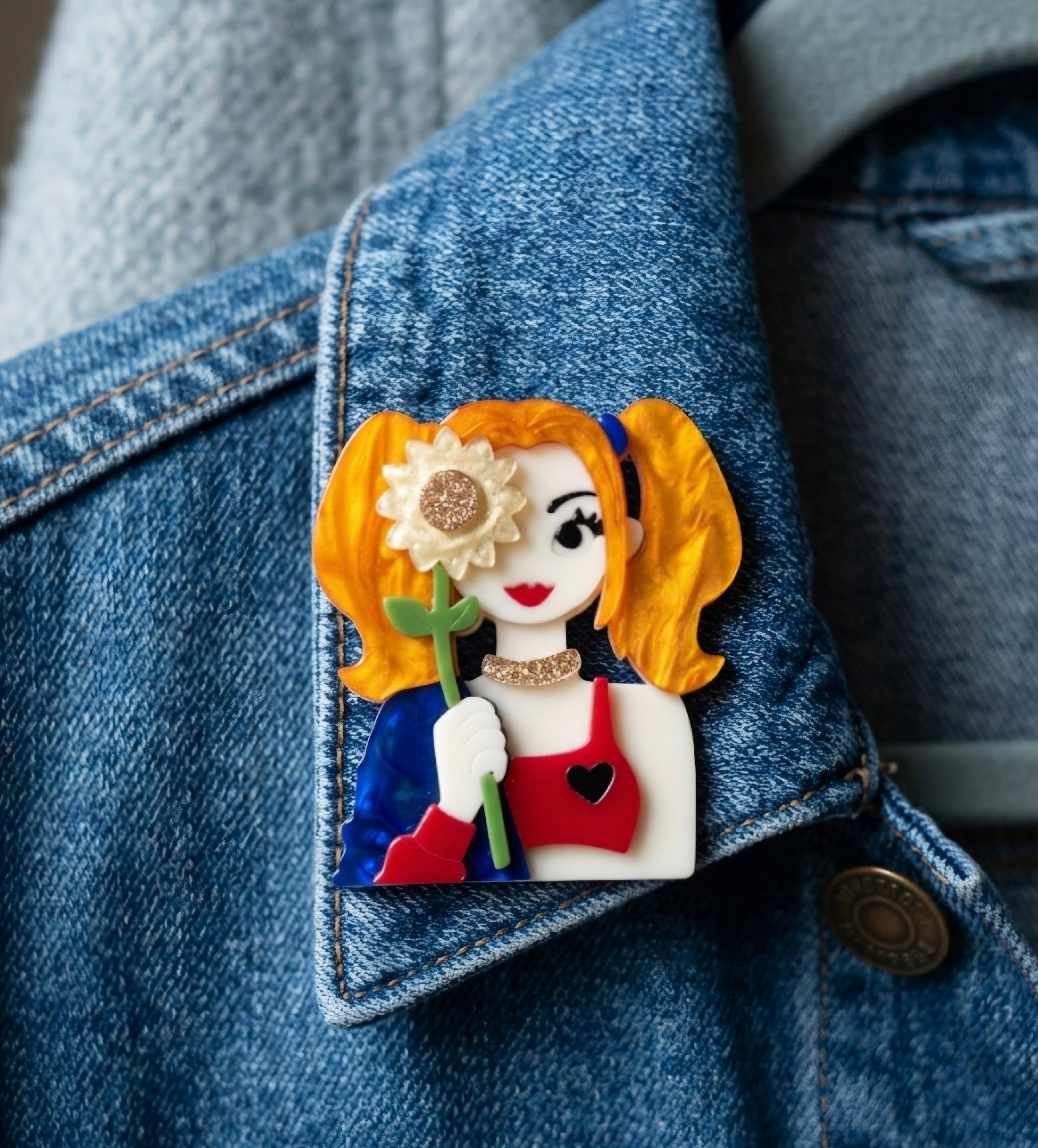 Broche boho chic mujer pelirroja con girasol