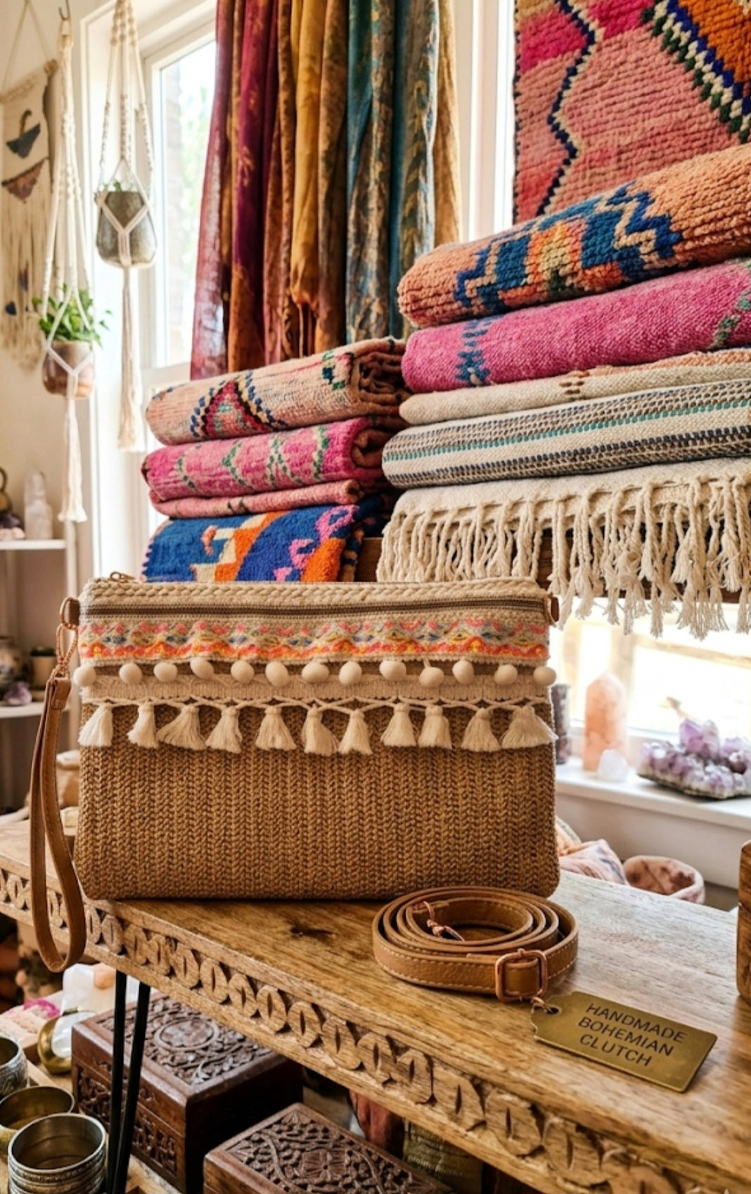 Detalle bordados étnicos bolso boho chic marrón natural | vaqueraspain