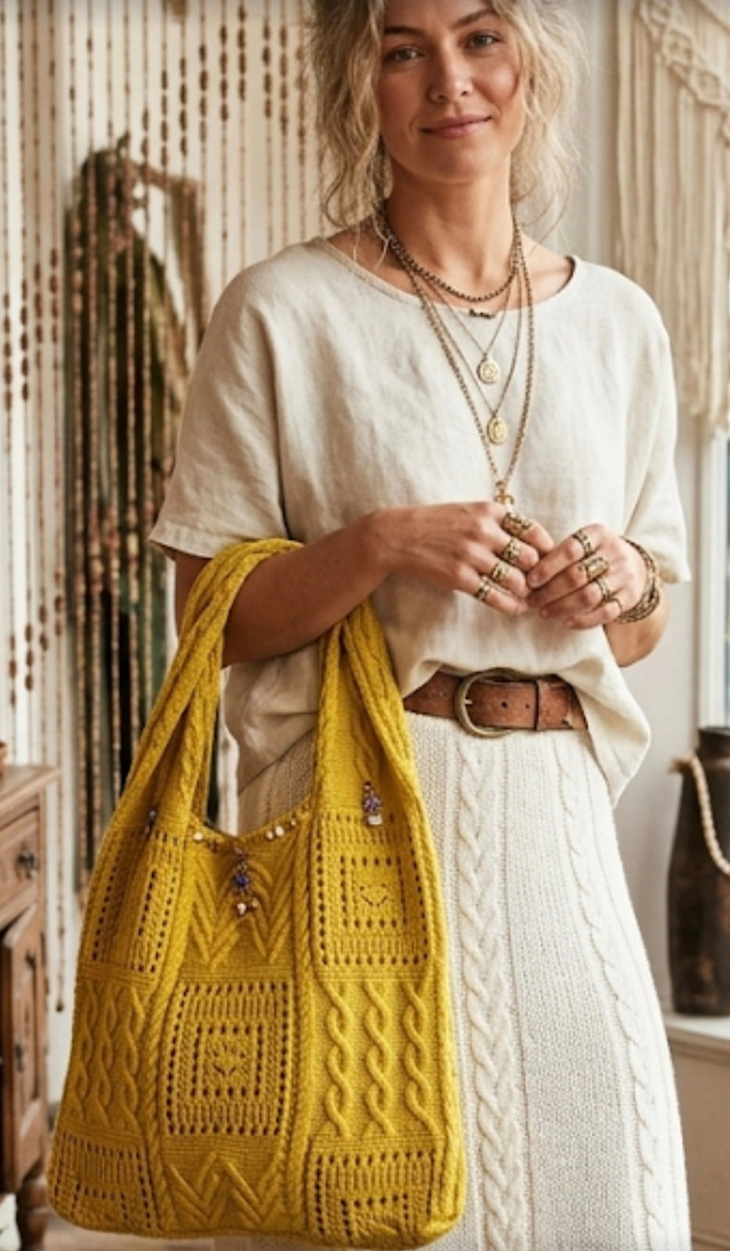 Bolso boho chic de algodón color amarillo intenso con tachas doradas vintage | vaqueraspain