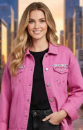 Chaqueta vaquera fucsia boho chic talla M con cenefa étnica y borlas de color | vaqueraspain