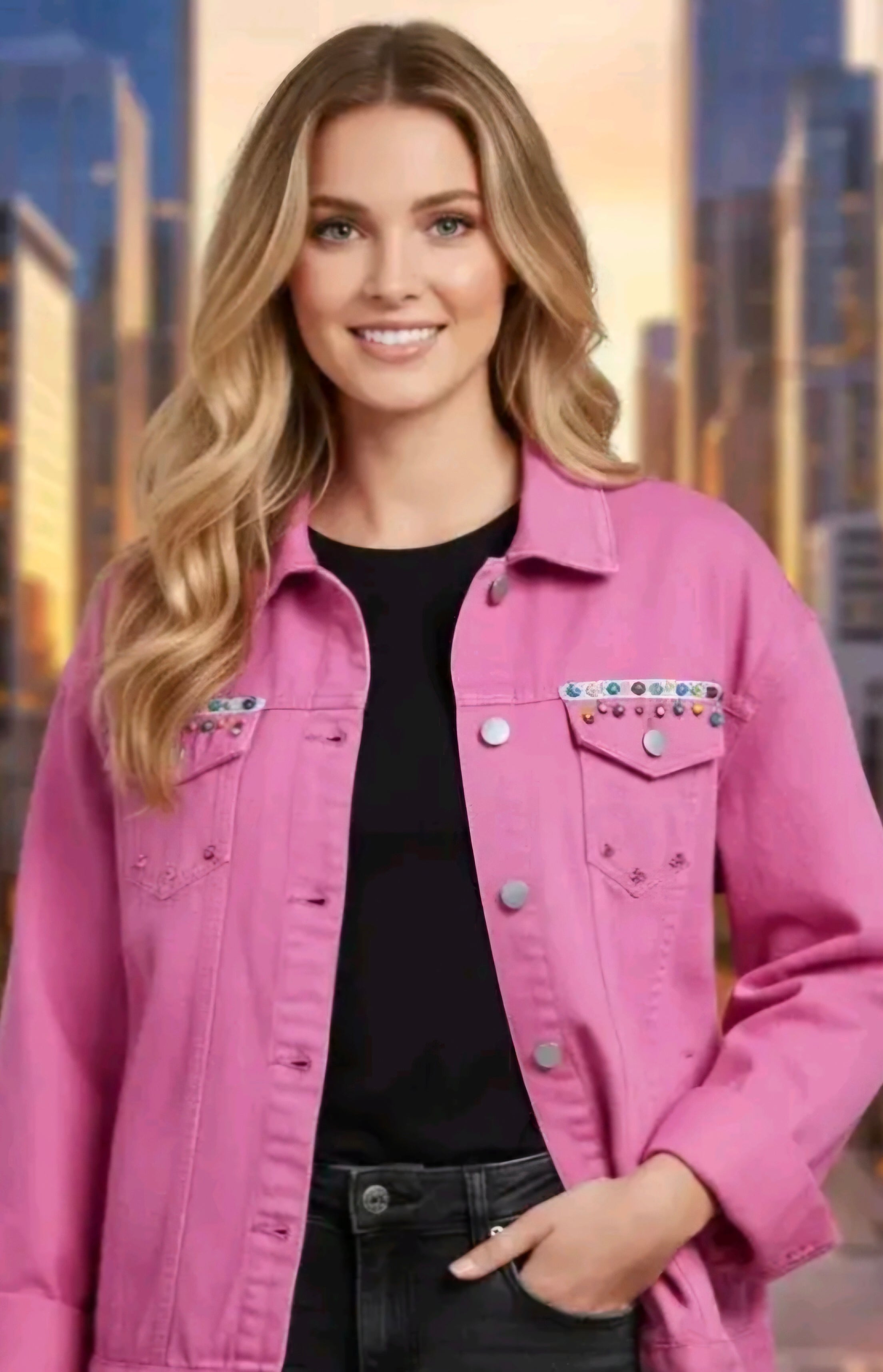 Chaqueta vaquera fucsia boho chic talla M con cenefa étnica y borlas de color | vaqueraspain