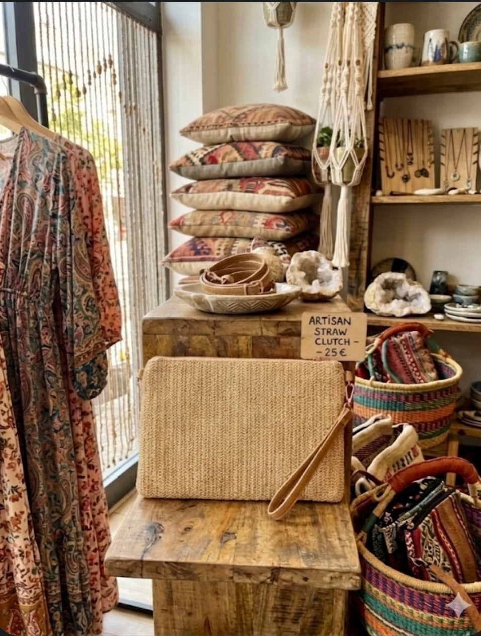 Vista frontal bolso boho chic marrón natural bordados étnicos artesanal | vaqueraspain