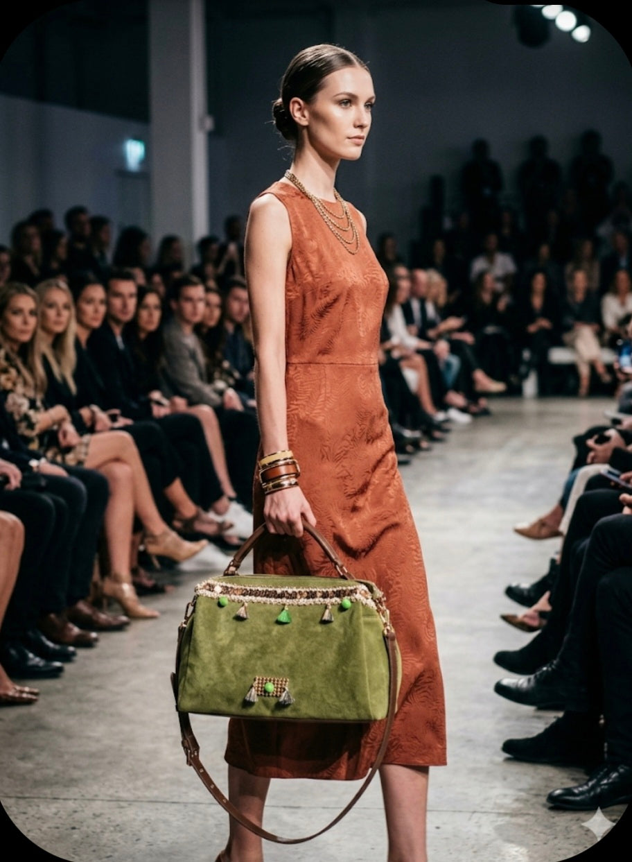 Bolso de mano boho chic verde musgo con lentejuelas brillantes