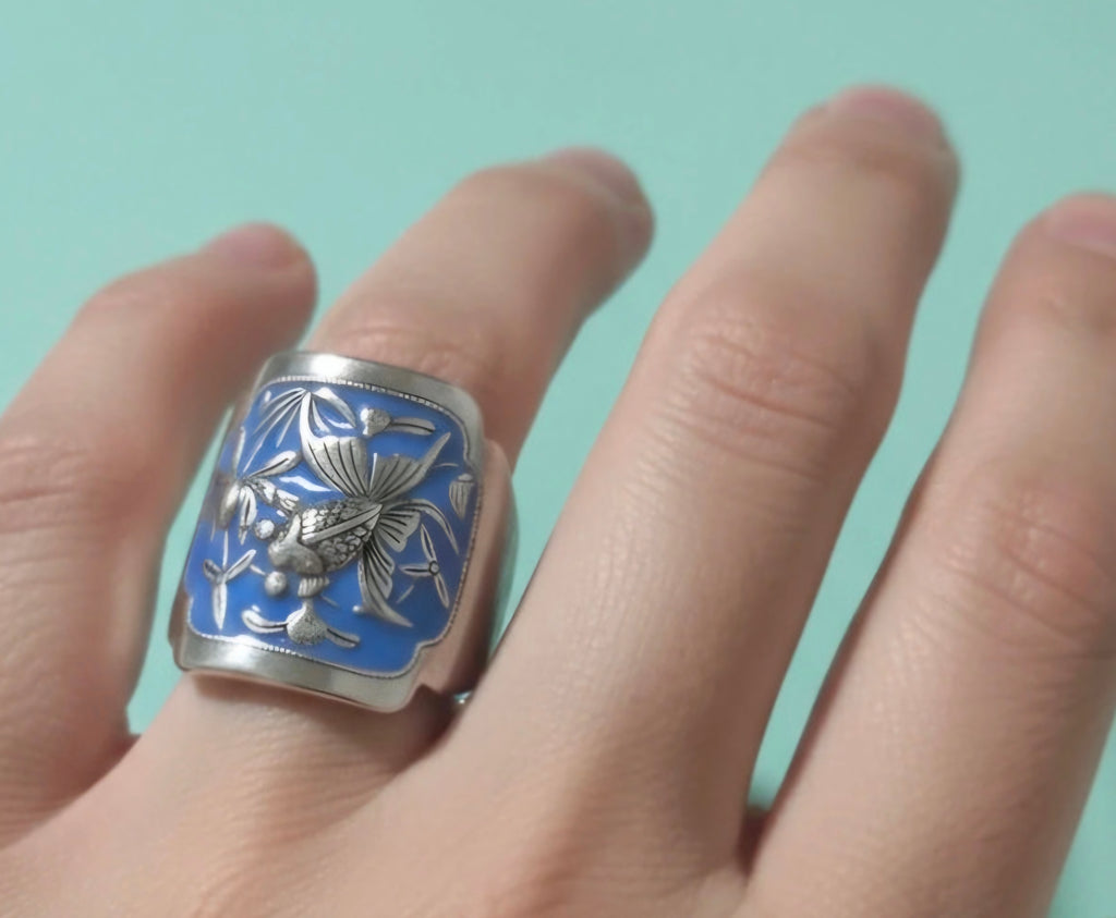 Anillo vintage bohemio flor de loto y pez dorado de plata 925 tailandesa | vaqueraspain