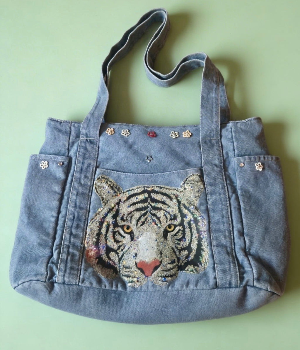 Bolso tote boho chic tigre blanco animal print vintage artesanal | vaqueraspain