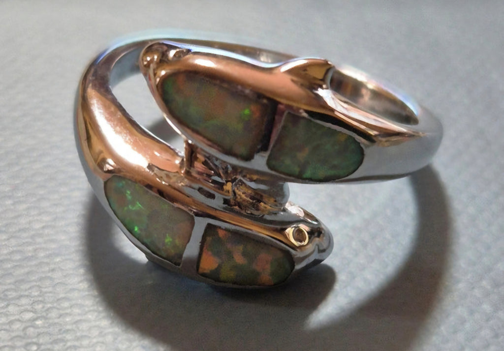Vista frontal anillo delfines plata 925 boho chic | vaqueraspain