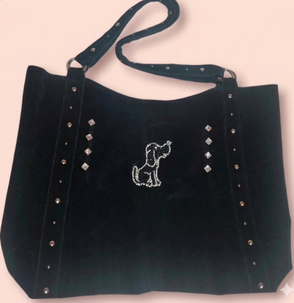 Detalle perrito sentado y strass bolso tote boho chic | vaqueraspain