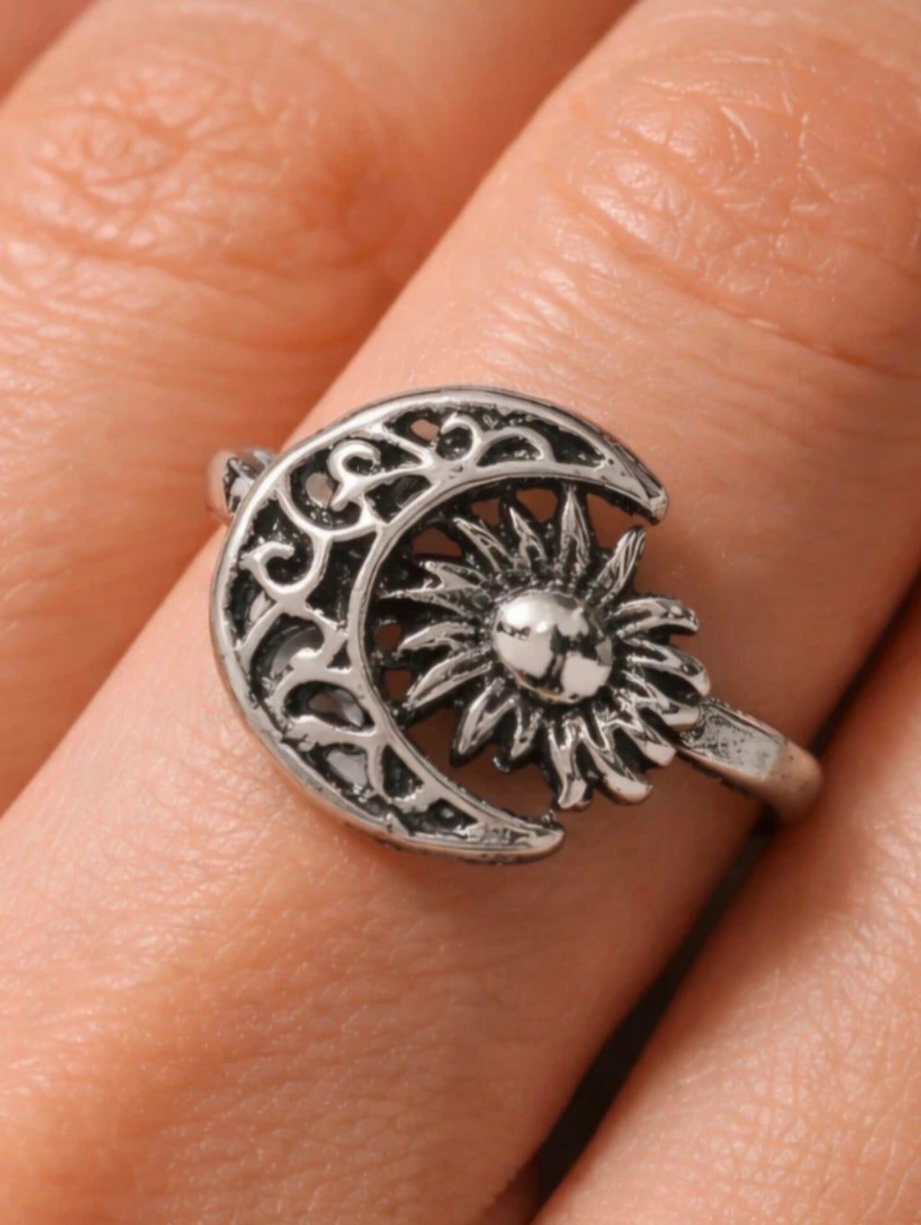 Vista frontal anillo Sol y Luna dual acero boho chic vintage | vaqueraspain