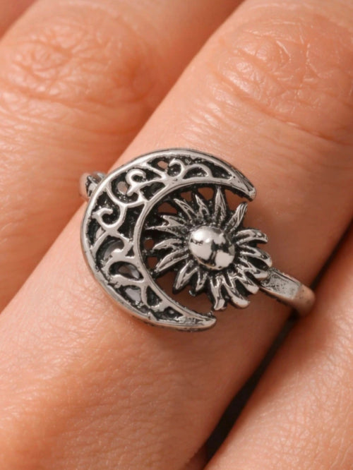 Vista frontal anillo Sol y Luna dual acero boho chic vintage | vaqueraspain