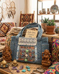 Bolso boho artesanal con patrones geométricos y pompones vintage étnico | vaqueraspain