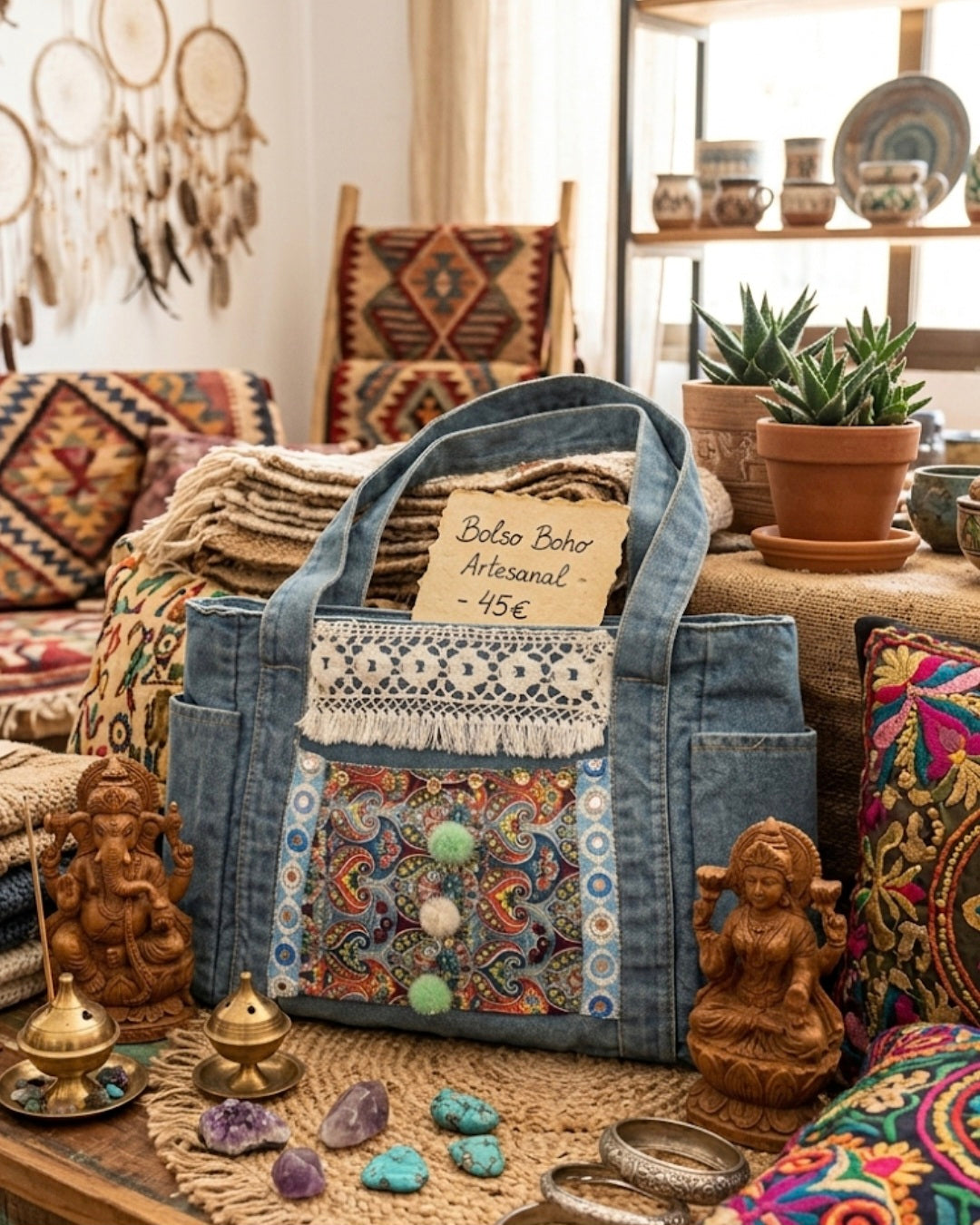 Bolso boho artesanal con patrones geométricos y pompones vintage étnico | vaqueraspain