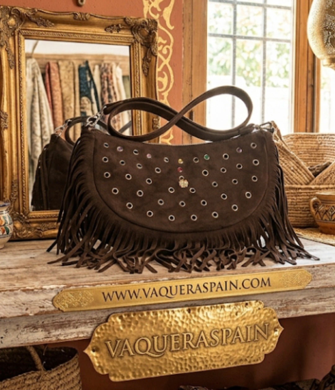 Bolso boho flecos de ante marron chocolate