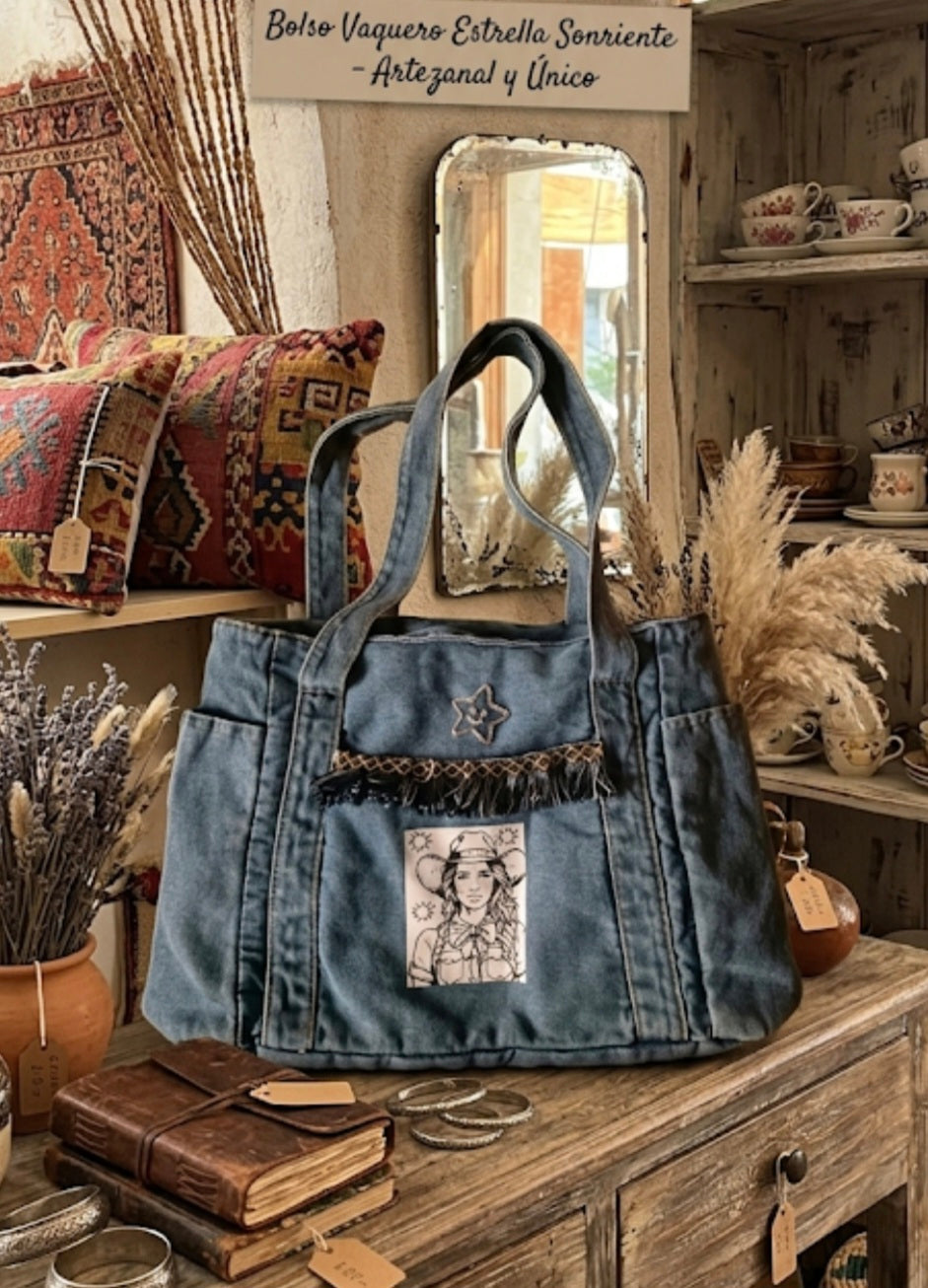 Bolso boho chic artesanal estrella sonriente vintage bohemio | vaqueraspain