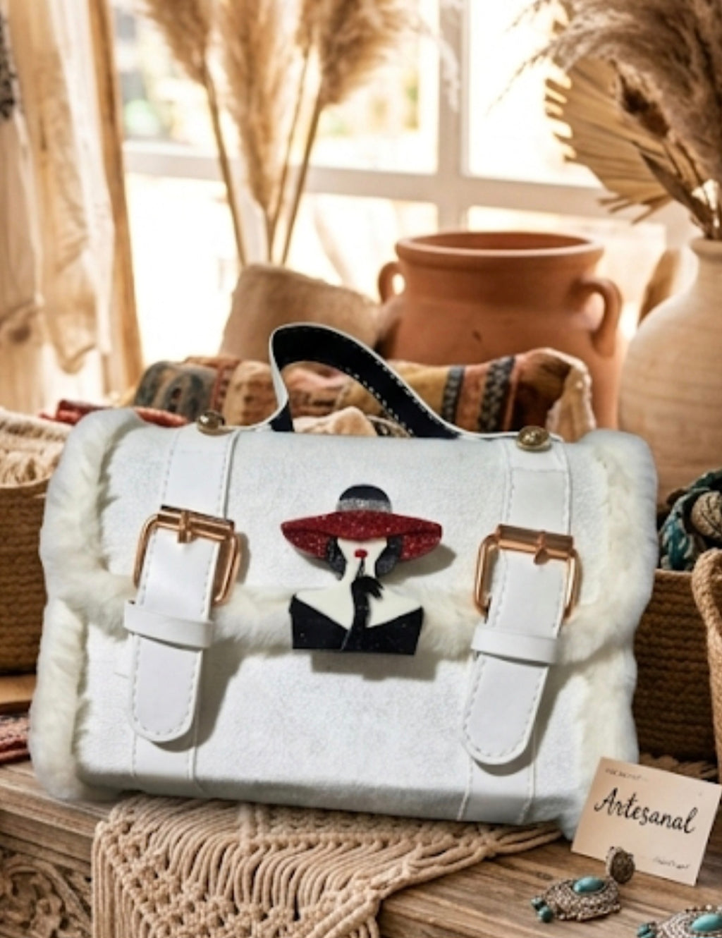 Bolso de mano boho chic blanco roto con broche de regalo mujer shhh | vaqueraspain